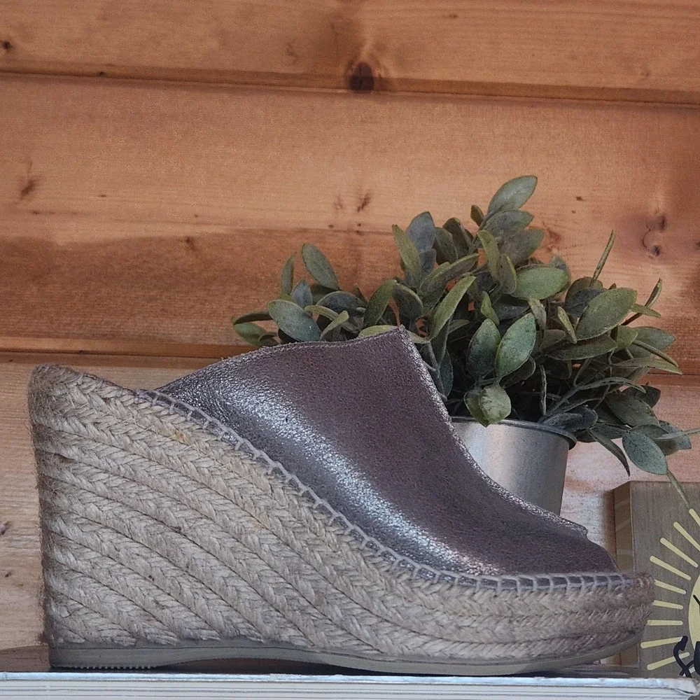 Andre Assous Espadrilles Slide On Mule Sandals Platform Wedge Jute Leather‎ Sz 7